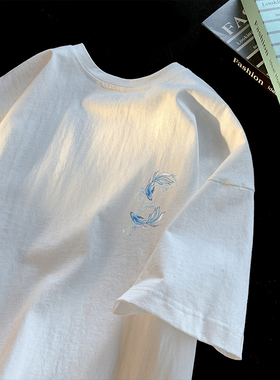 新中式白色短袖T恤男夏季潮牌圆领半袖体恤宽松国风200g重磅衣服