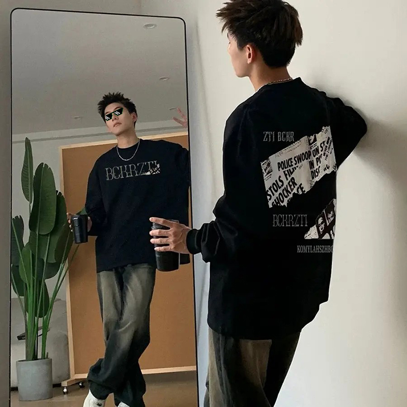 黑色正肩长袖t恤男内搭打底衫