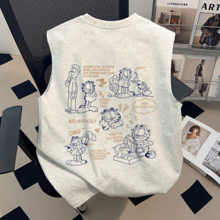 无袖 美式 潮牌印花ins小众情侣装 夏季 上衣 重磅纯棉背心T恤男女款