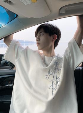 新中式国风竹子重磅短袖t恤男潮牌白色纯棉宽松大码高街半袖体恤