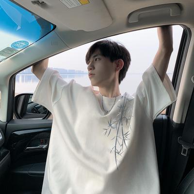 纯棉宽松国风竹子重磅短袖t恤男