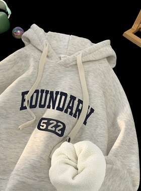 奥粒绒复古卫衣男冬季美式vibe印花连帽衫灰色潮牌加绒情侣款外套