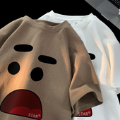 纯棉港风oversize小领口短袖 T恤男趣味百搭宽松休闲情侣上衣夏季