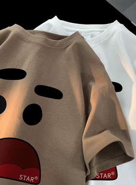 纯棉港风oversize小领口短袖T恤男趣味百搭宽松休闲情侣上衣夏季