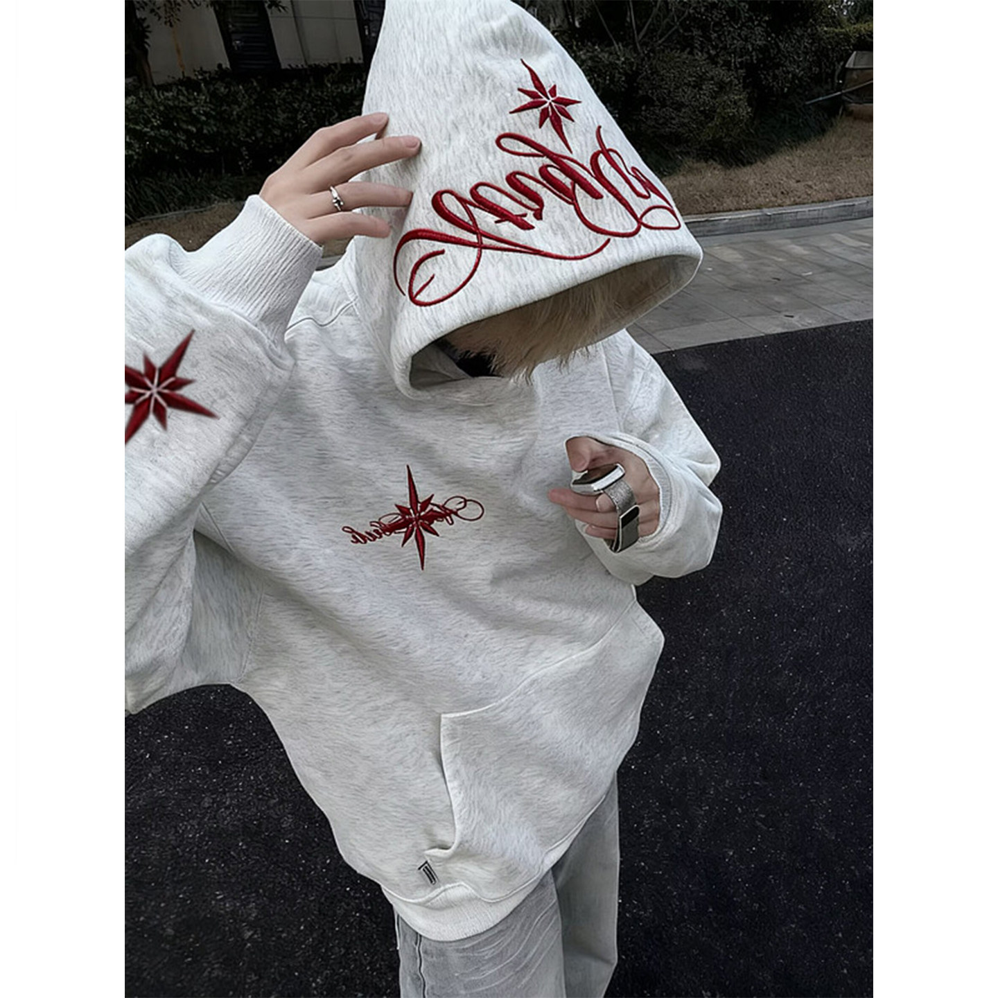 国潮美式高街北极星刺绣连帽卫衣男女情侣款宽松潮牌加绒帽衫外套