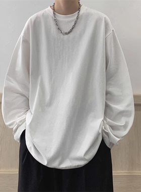 秋装纯棉长袖卫衣男港风宽松休闲百搭重磅T恤打底白色上衣男t内衫