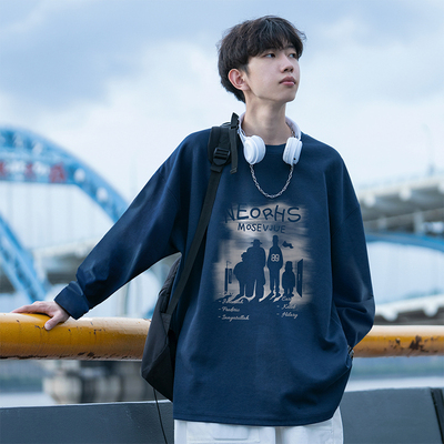 藏青纯棉长袖T恤男士春秋