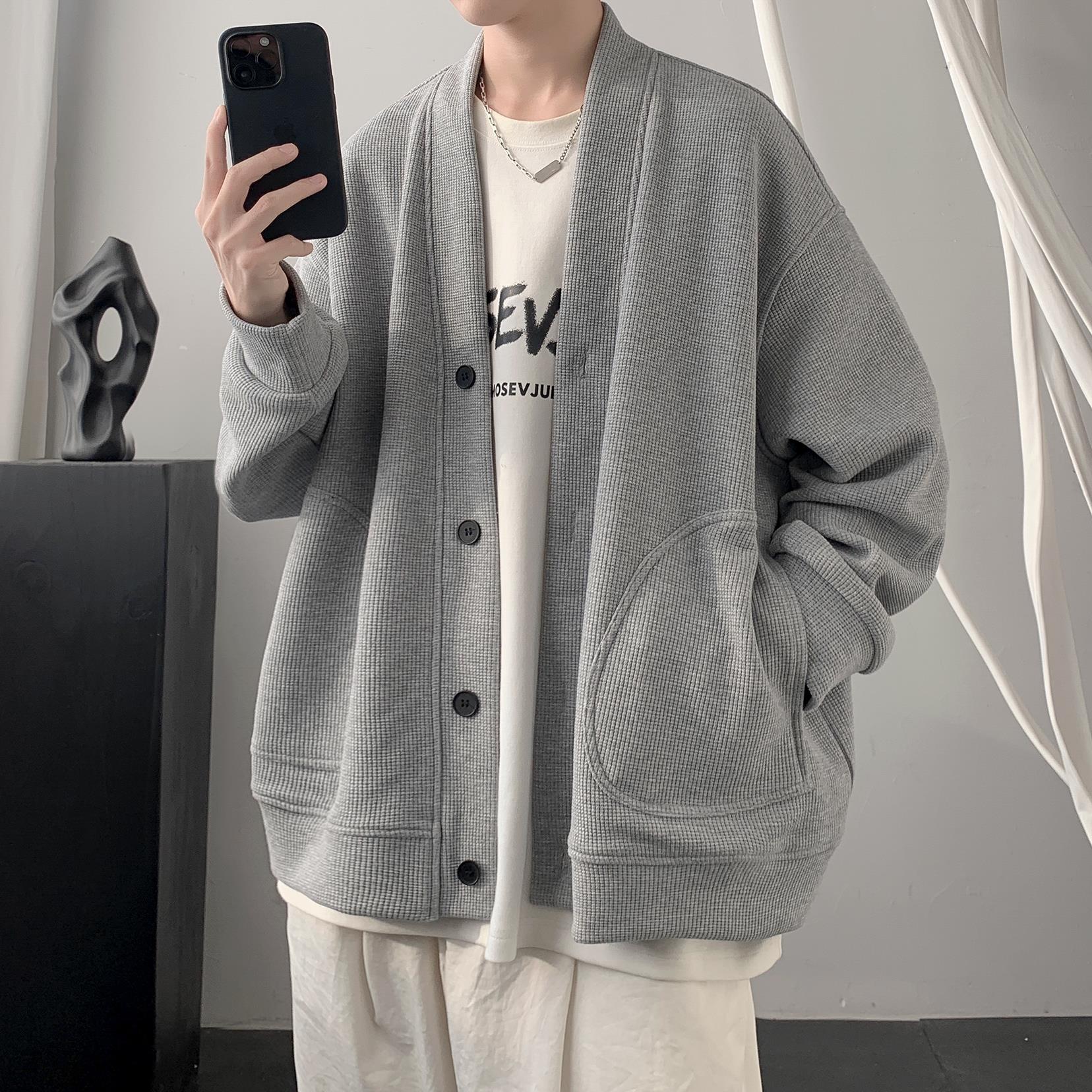 华夫格V领开衫卫衣男士秋冬款