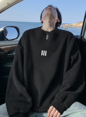 美式简约黑色圆领卫衣男款春秋冬季潮牌宽松休闲大码男生无帽上衣