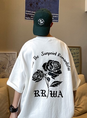 玫瑰纯棉印花短袖t恤男夏季潮牌美式复古五分袖宽松百搭白色休闲