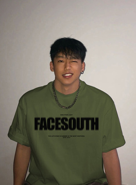 260G重磅纯棉渐变印花短袖t恤男款夏季ins潮牌复古军绿色青年上衣