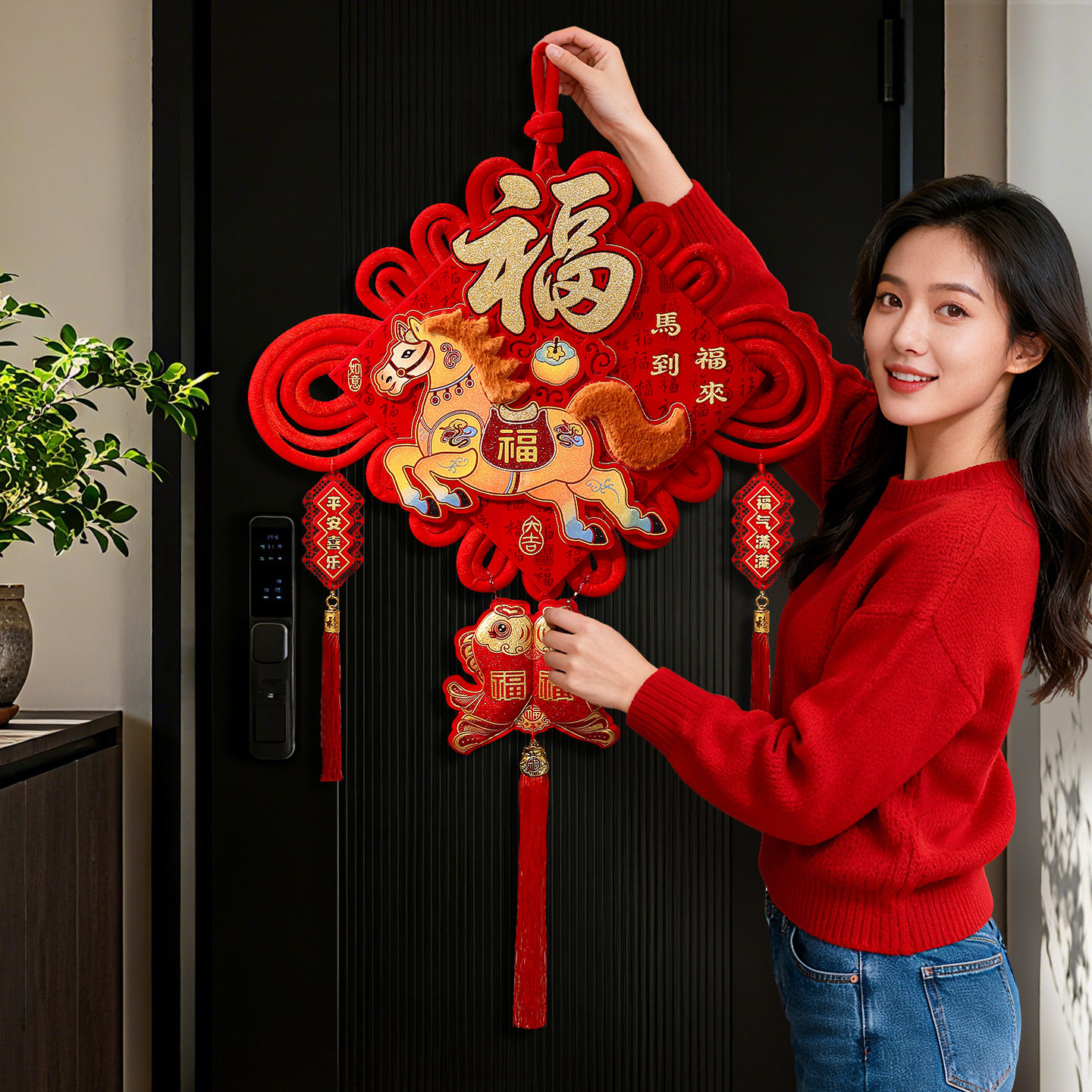 2026马年中国结挂件毛绒福字挂饰春节过年客厅入户门玄关新年装饰