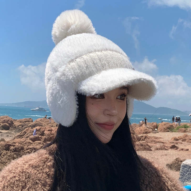 韩版休闲百搭冬季护耳针织毛线帽女帽子秋冬天兔毛鸭舌骑车保暖帽