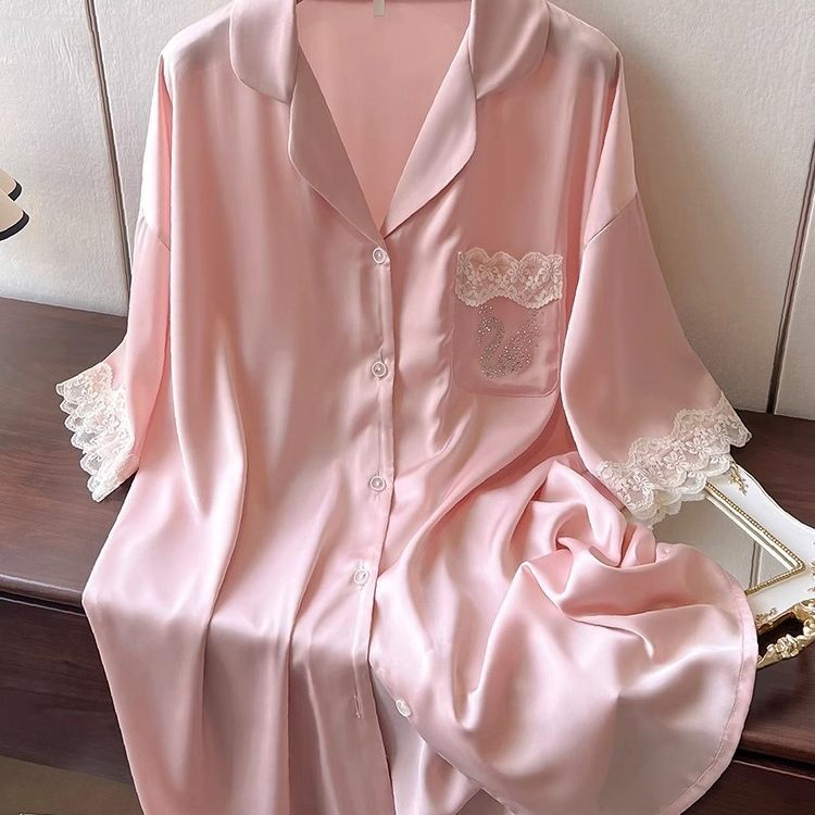 洋气独特别致睡衣大码冰丝衬衫式睡衣家居服可外穿高级感烫钻女式
