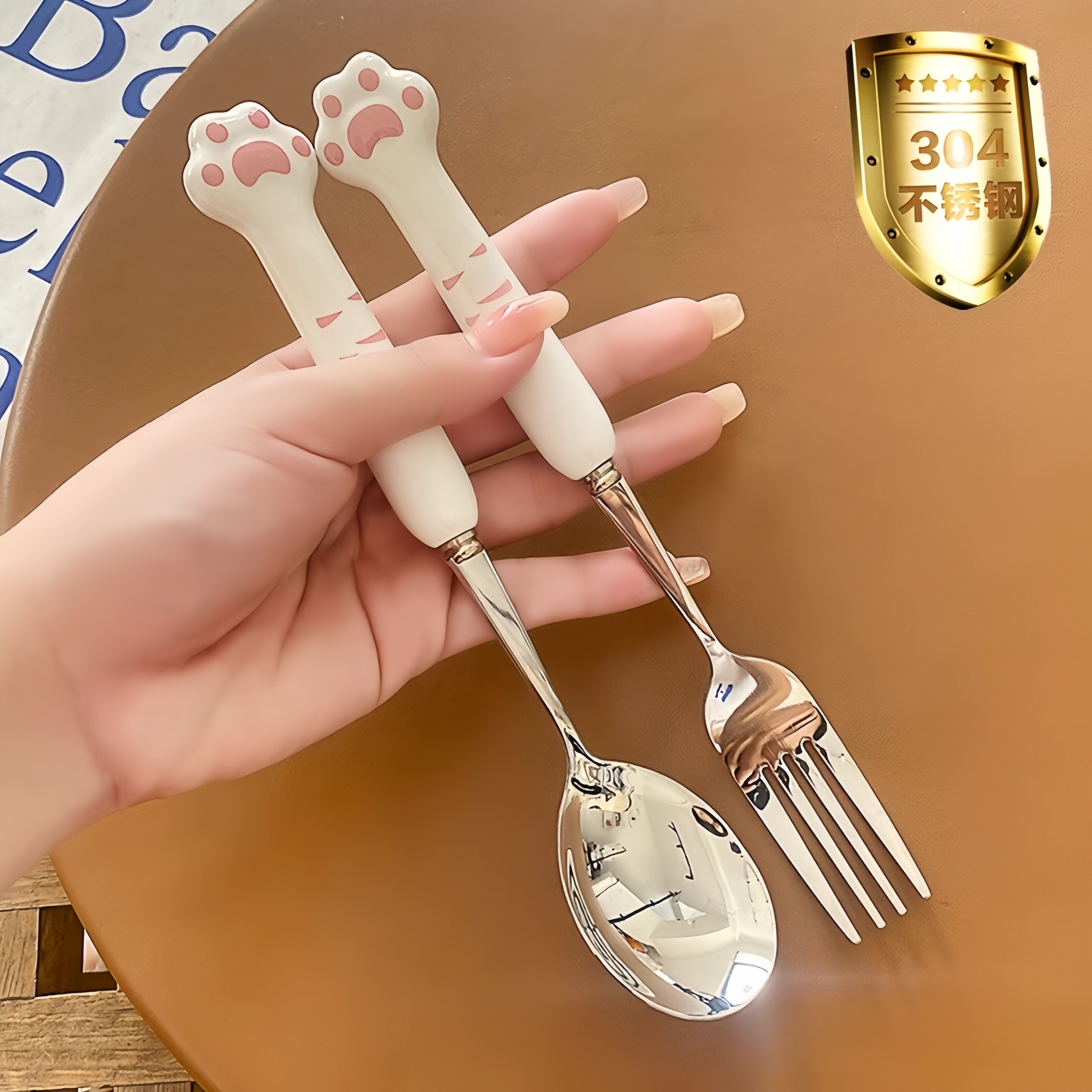 萌猫爪陶瓷304不锈钢餐具勺叉筷子供货可爱卡通儿童筷子勺子套装