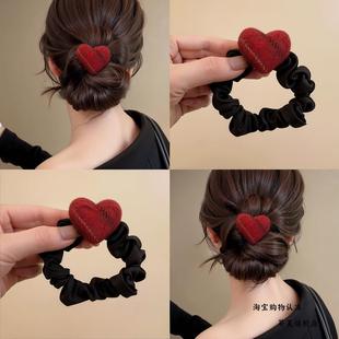 毛绒红色爱心小肠发圈女高级感丸子头发绳扎马尾头绳皮筋新年头饰