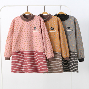 捡漏外贸时尚碎花猫咪口袋围裙罩衣加绒保暖高领束口长袖套头防污