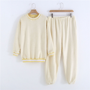 外贸原单特惠女款法兰绒秋冬长袖收口保暖睡衣套装加厚休闲家居服