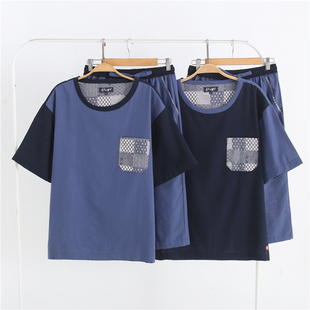 好货复古风日单男梭织纯棉纱线软款无领家居睡衣套短袖七分裤夏款