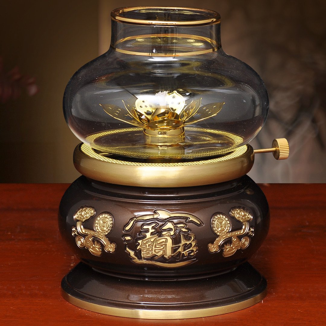 黄铜深啡招财调光油灯酥油灯防风灯座长明灯家用寺庙佛堂供佛油灯