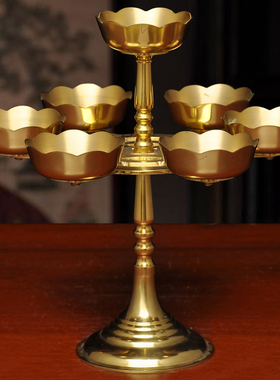 纯黄铜铜钱七星灯高脚酥油灯蜡烛台座供佛油灯家用佛堂佛前长明灯