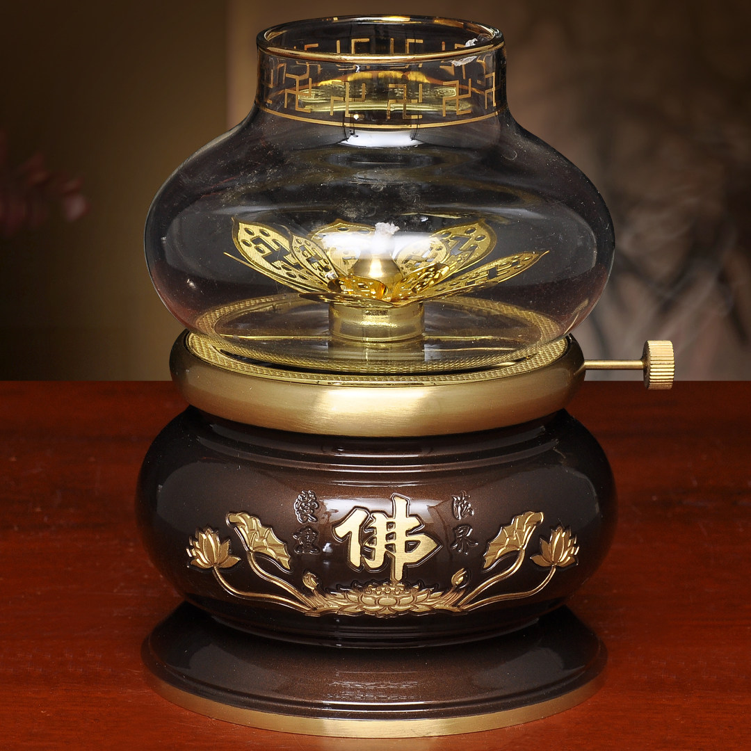 黄铜深啡佛字调光油灯酥油灯防风灯座长明灯家用寺庙佛堂供佛油灯