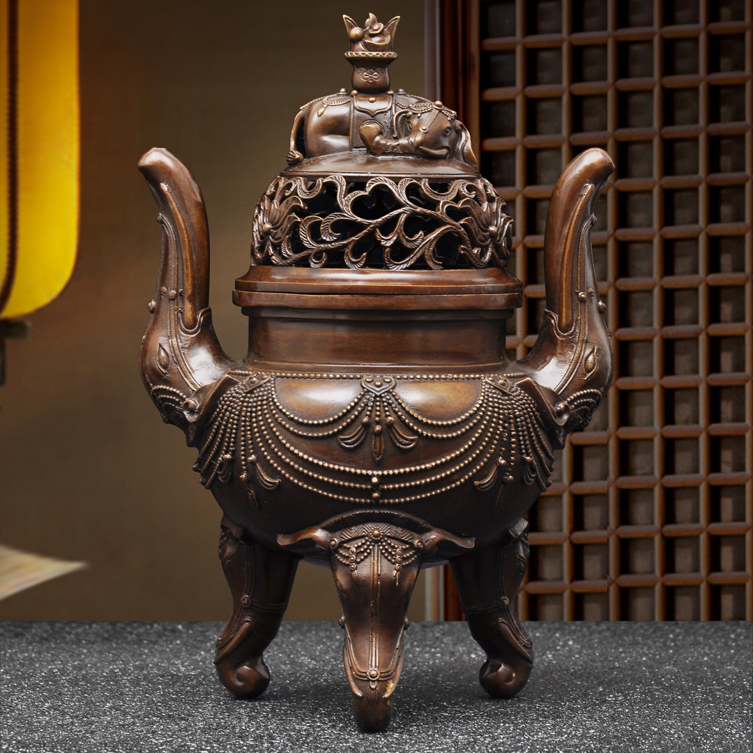 彩铜三足大象熏香炉仿古宣德炉书