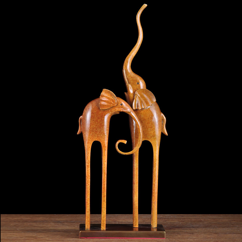 铜子母象摆件现代招财一对工艺品