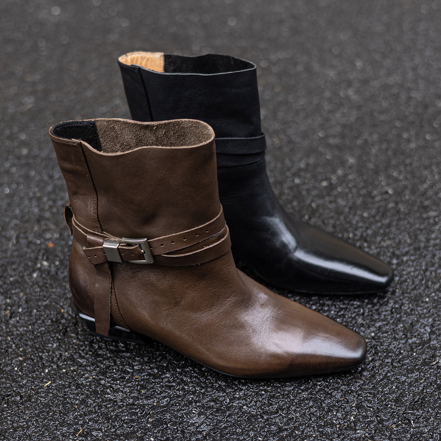 头层牛皮法式复古方头粗跟皮带扣手工真皮短靴2025秋冬季新款女靴