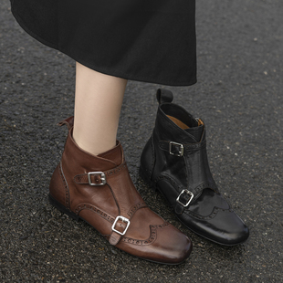 知识分子手工雕花布洛克英伦短靴女靴牛皮孟克鞋双扣方头切尔西靴