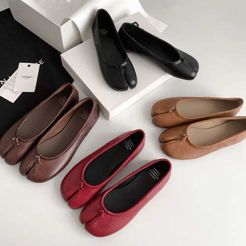 头层植鞣牛皮Tabi 马吉分趾鞋芭蕾浅口平底一脚蹬猪蹄鞋女单鞋