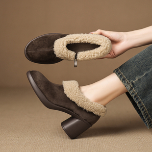 高跟鞋 秋冬加绒毛毛鞋 子女 复古手抓羊皮羊毛气质粗跟翻毛单鞋 法式