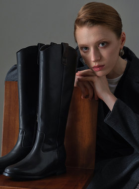 美洋同款女靴Hazel冬季新款棕色增高头层牛皮长筒西部靴骑士靴女