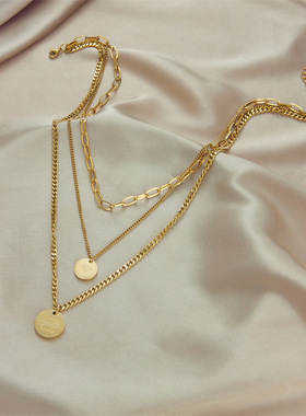 欧美跨境时尚简约多层复古叠戴金属钛钢刻字圆牌吊坠饰品锁骨项链