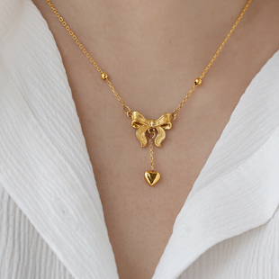 不掉色钛钢在逃公主蝴蝶结项链爱心锁骨链仿金2024新款潮锁骨链