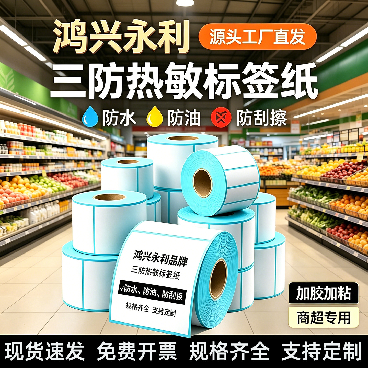 鸿兴永利商超三防热敏标签防水防油防刮超市生鲜价签打印不干胶贴纸食品条码日期纸餐饮奶茶标签打印卷纸吊牌