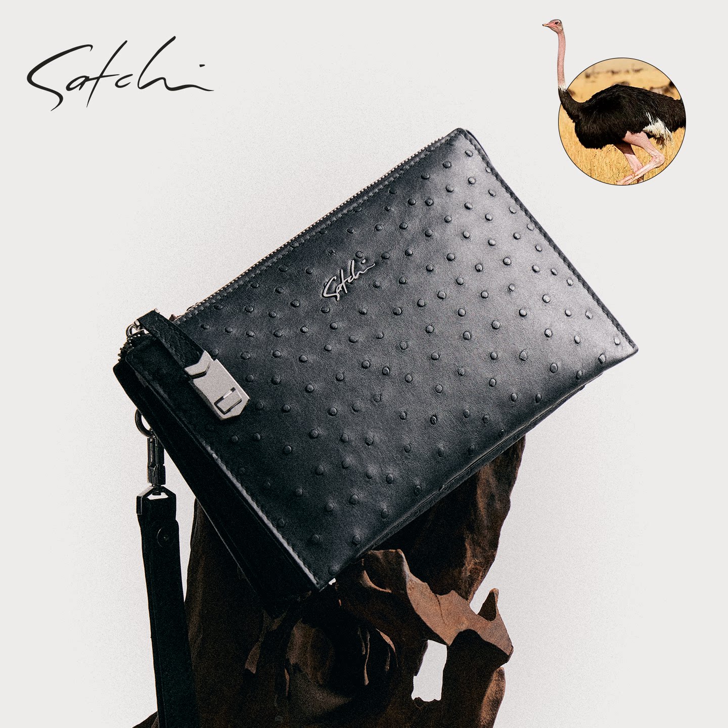 SATCHI/沙驰鸵鸟皮男士真皮大容量手拿包商务休闲手抓包高档送礼