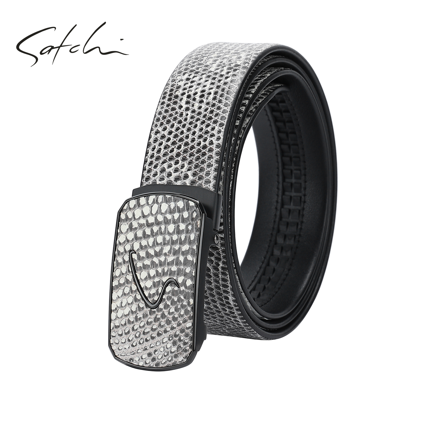 沙驰蜥蜴皮男款腰带真皮不锈钢自动扣皮带高端官方正品裤腰带潮