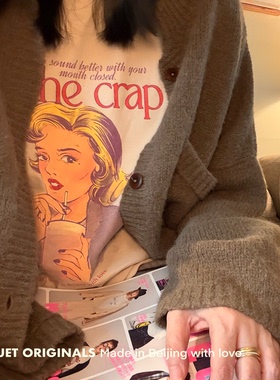 2025duet原创 cut the crap复古漫画风格米杏色圆领短袖T恤