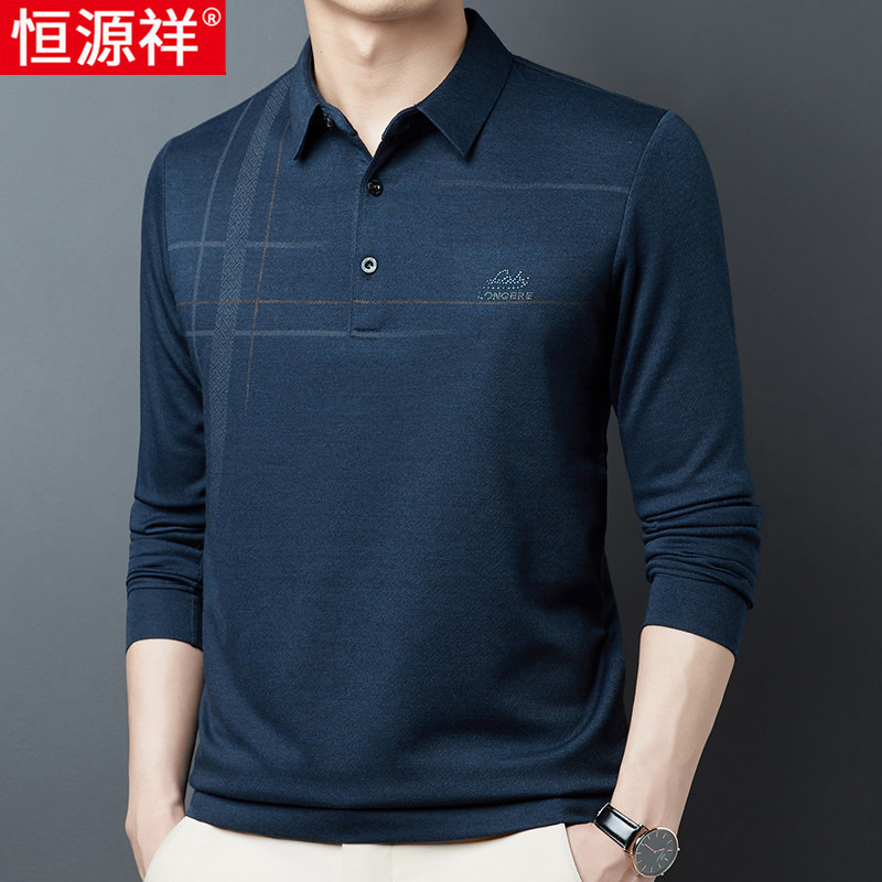 恒源祥男士长袖t恤加绒加厚中年人宽松polo衫中老年爸爸有领衣服