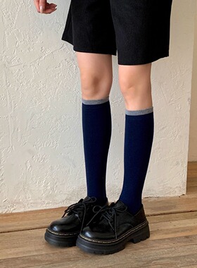 羊毛小腿袜子女藏蓝色显瘦长筒袜秋冬季保暖学院风高筒袜韩系堆堆