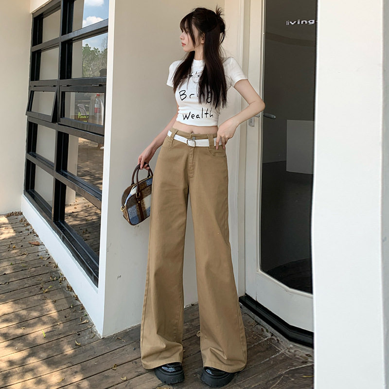 拿铁棕纯色阔腿拖地女士牛仔裤
