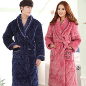 睡衣大码 睡袍男 珊瑚绒浴袍女冬加绒保暖夹棉男士 加厚加长款 冬季