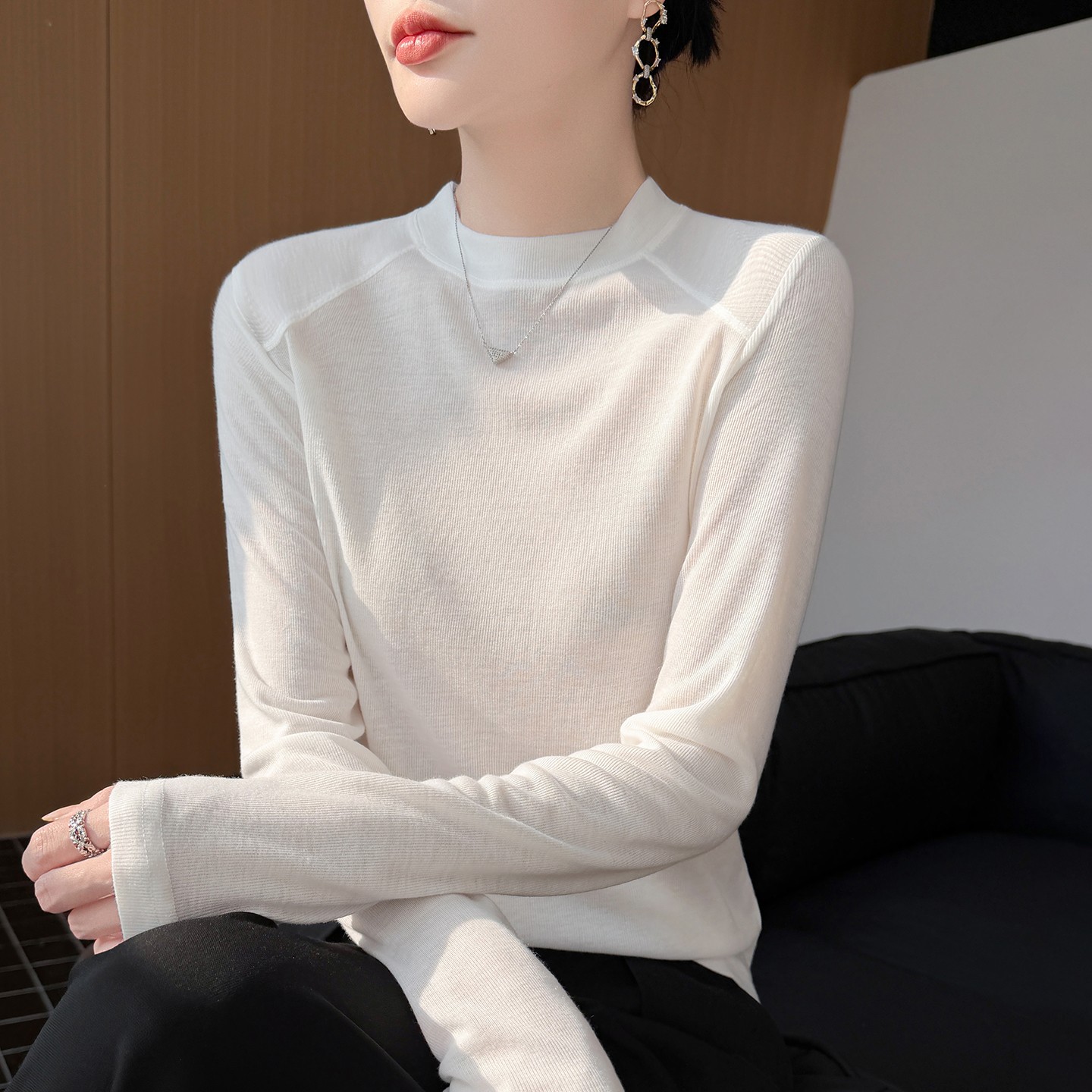 半高领天丝莱赛尔长袖针织衫女薄款修身显瘦打底衫百搭高级感上衣