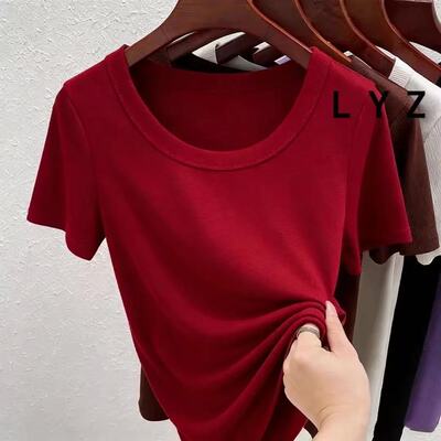 棉白色圆领正肩短袖T恤女2026新款夏季外穿修身显瘦纯色打底上衣