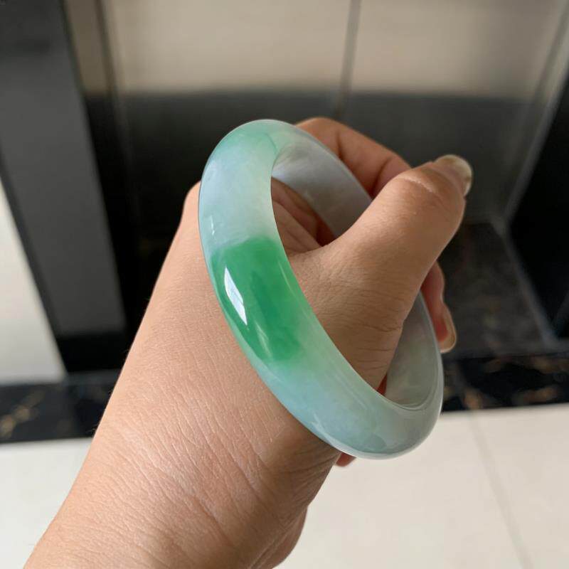 “松纹浸玉”甸翡翠手镯玉镯子女款纯色浅油青冰种送女朋友处理