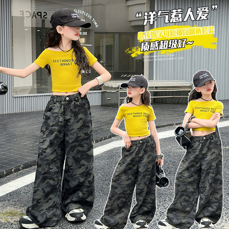 女童2025新款夏季韩版洋气时髦儿童短袖T恤迷彩阔腿裤薄款两件套