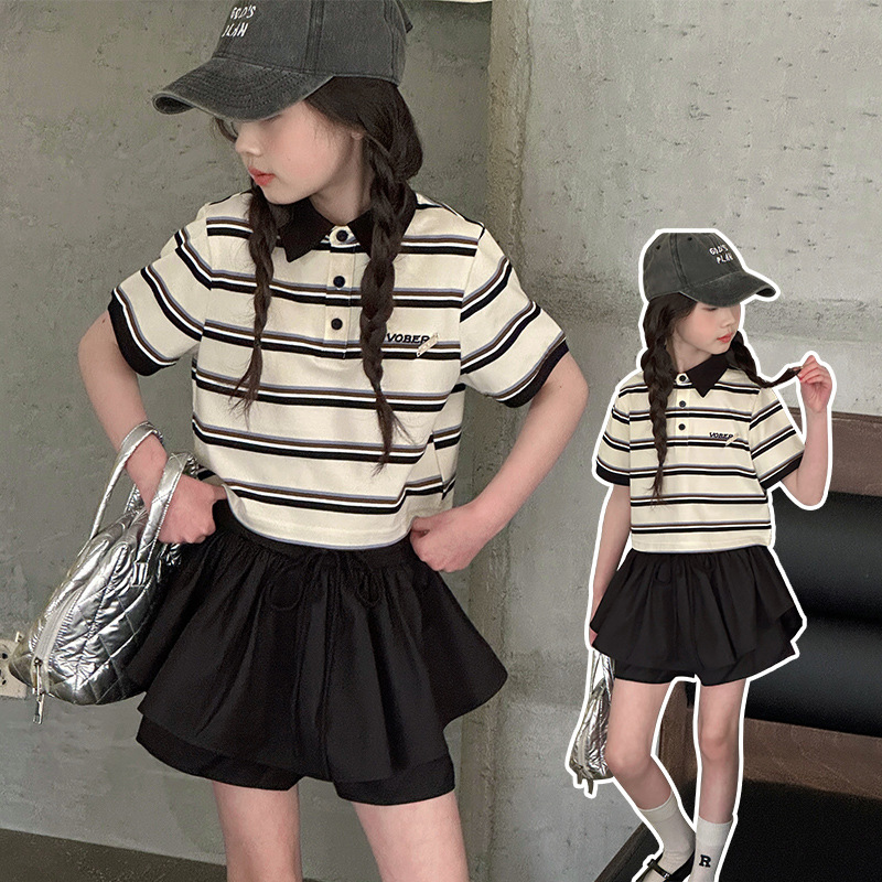 女童夏装套装2025新款儿童洋气polo衫短袖女孩运动短裙夏季