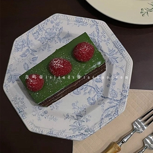 法式复古蓝色花卉浮雕八角盘陶瓷蛋糕盘宫廷风咖啡厅下午茶甜品盘