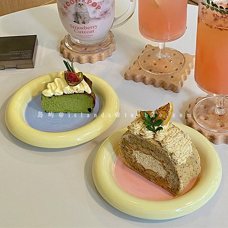 韩式马卡龙色系奶fufu圆形陶瓷盘胖嘟嘟手绘水彩小清新甜品蛋糕盘